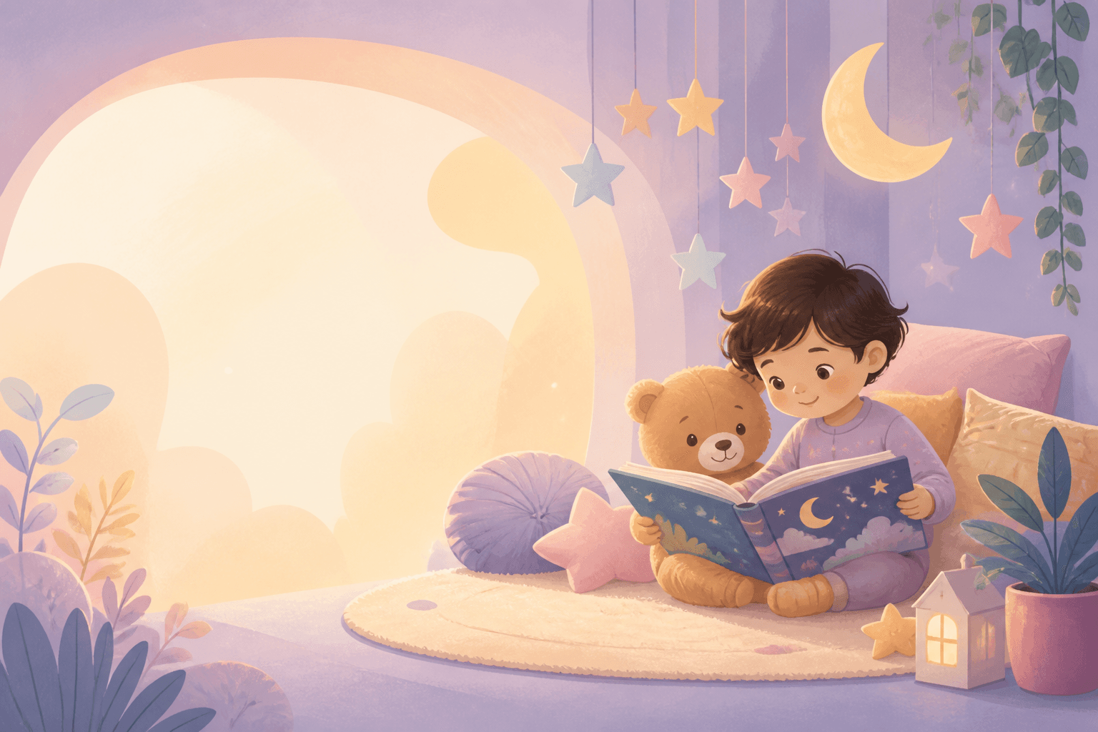 A child and teddy bear sharing a picture book beneath a moon and hanging stars
